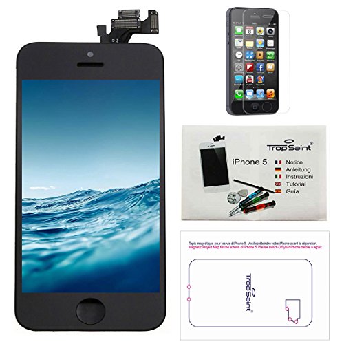Trop Saint® Pantalla para iPhone 5 Negro - Kit de reparación LCD Completo - con Guía 5 lenguas, Superficie de Trabajo magnética, Herramientas y Film Protector Pantalla
