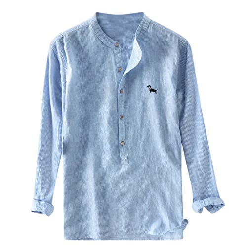 TUDUZ Camisetas Hombre Manga Larga Bordado De Rayas Camisas Algodón Y Lino Tops Botón Ropa Talla Extra (Azul, L) TUDUZ Camisetas Hombre Manga Larga Bordado De Rayas Camisas Algodón Y Lino Tops Botón Ropa Talla Extra (Azul, L)