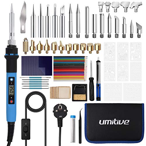 Umitive 92Pcs Kit Pirograbador de Madera con Pantalla LCD,Cable de alimentación con interruptor, 180°C- 480°C Temperatura Regulable, 80W Kit Pirograbador Profesional para Madera, Grabado, Soldadura