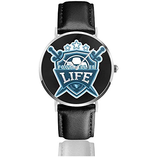 Unisex Football is Life Soccer Shield y Swords Emblem Watches Reloj de Cuero de Cuarzo con Correa de Cuero Negro
