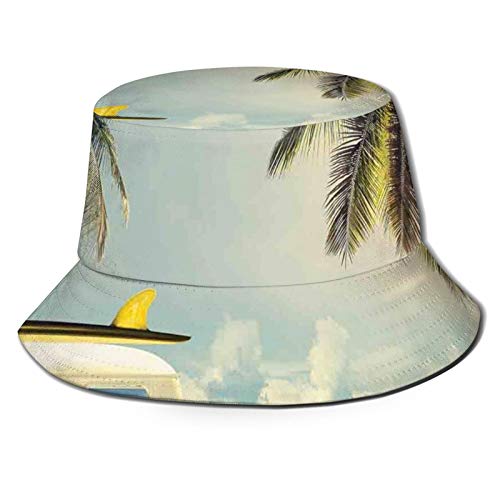 Unisex Printed Fisherman Hat,Minivan On The Beach Retro Inspired Vacation Clouds In Summer Sky Honeymoon Destination,Portable Travel Hat Fashion Outdoor Hat