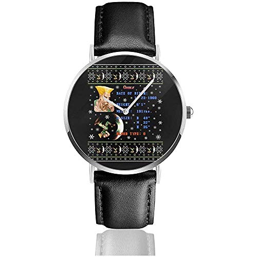 Unisex Street Fighter Christmas Guille Knit Pattern Relojes Reloj de Cuero de Cuarzo con Correa de Cuero Negro