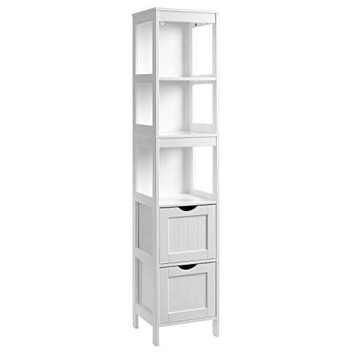 VASAGLE Mueble Columna de baño, Torre de Lino, Gabinete Alto de Baño, Armario de Piso, con 2 Cajones y 3 Estantes Abiertos, 30 x 30 x 141,5 cm, para Cuarto de Baño, Sala, Cocina, Blanco BBC66WT VASAGLE Mueble Columna de baño, Torre de Lino, Gabinete Alto de Baño, Armario de Piso, con 2 Cajones y 3 Estantes Abiertos, 30 x 30 x 141,5 cm, para Cuarto de Baño, Sala, Cocina, Blanco BBC66WT