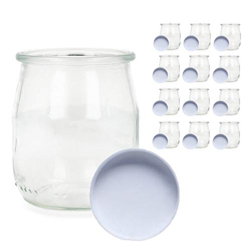 Vasos yogurtera de cristal con tapa pack de 12 botes para yogurtera de 150 Ml tarros para postres recipiente para moulinex, lidl, severin, braum y resto de yogurteras (Tapa Blanca) (150)