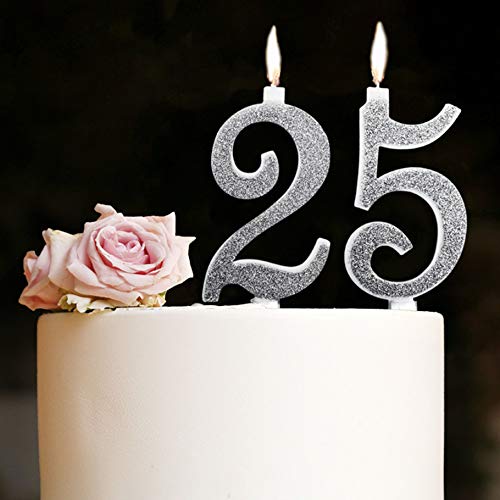 Velas Maxi 25 años de boda, fiesta de cumpleaños, 25 años | Decoración de velas para tarta de aniversario o cumpleaños | 25 años de edad | Fiesta temática | Altura 13 cm plata con purpurina