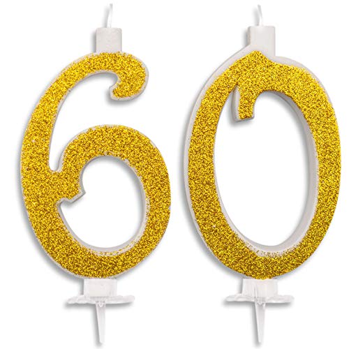 Velas Maxi 60 años para tarta fiesta cumpleaños 60 años | Decoraciones Velas de felicitación aniversario tarta 60 | Fiesta temática | Altura 13 cm dorado brillante
