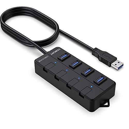 VEMONT Hub USB 3.0,4 puertos divisor multipuerto USB con Cable de 1,2m Botón Encender/Apagar e 5Gbps Alta Velocidad Compatible con los Sistemas de Windows 10, 8.1, 8, 7, XP, Vista, Mac OS