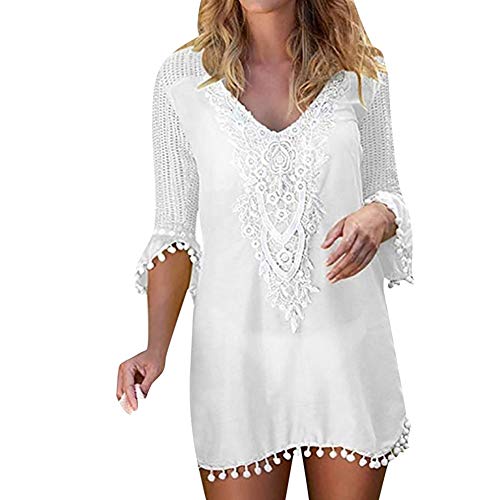 Verano Camisolas y Pareos para Mujer, Dragon868 Blusa Vestido Túnica Crochet de Playa, Traje de Baño de Ganchillo de Encaje con Borlas, Traje de Baño Bikini Cover Up, S-XXL