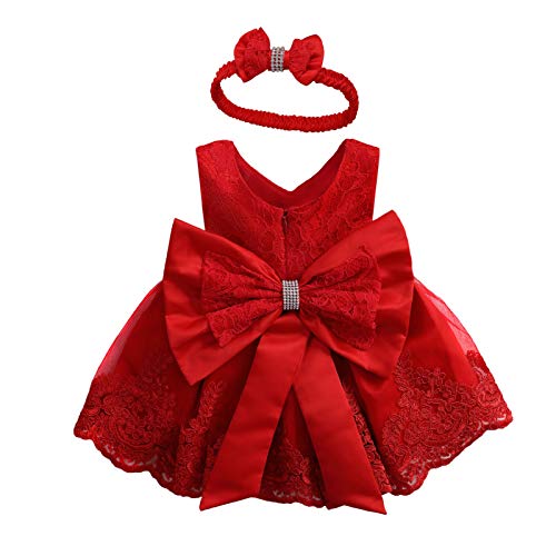 Vestido de Bautizo + Diadema Recién Nacido Bebés sin Mangas Verano Transpirable Traje de Ceremonia Boda para Niñas Vestido de Princesa Elegante con Lazos Cumpleaños （Rojo 6-12M）