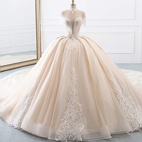 Vestido de novia de gasa de encaje de tul de novia vestido de la llegada de cuello alto de bola del vestido de boda de los vestidos de la princesa de la borla de las mangas del traje brillante Mariee Vestido de novia de gasa de encaje de tul de novia vestido de la llegada de cuello alto de bola del vestido de boda de los vestidos de la princesa de la borla de las mangas del traje brillante Mariee