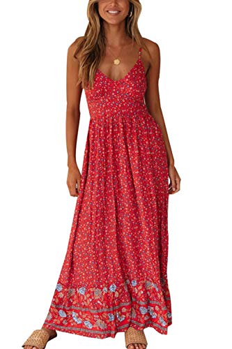 Vestido Maxi Floral para Mujer Vestidos De Playa Bohemios con Tirantes Finos De Verano Rojo L