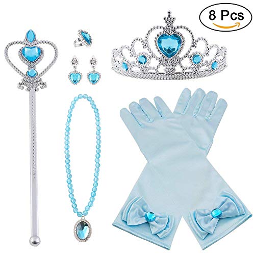 Vicloon Princesa Vestir Accesorios 6 Pcs Regalo Conjunto de Belleza Corona Sceptre Collar Pendientes Anillo Guantes para Niña (Azul)