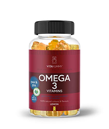 VITAYUMMY Ositos de goma Omega 3, sabor limón | Suplementos vitamínicos veganos, naturales y sin gelatina para niños y adultos | Grasas saludables de algas | 60 gomitas, suministro para 1 mes
