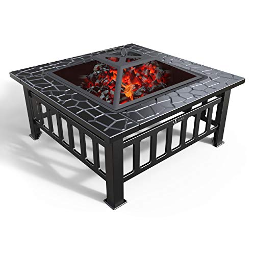 VOUNOT Brasero Exterior para Jardín y Terraza, 3 en 1 Metal Fire Pit, Pozo de Fuego con Barbacoa, 81 x 81 x 45 cm