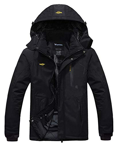 Wantdo Chaqueta de Esquí Impermeable Montaña Chaqueta Aislada con Vellón Cálida Invierno Chaqueta de Nieve con Capucha Abrigo Snowboard para Exteriores para Hombre Negro Small