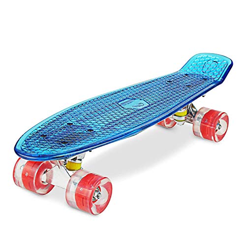 WeSkate Cruiser - Monopatín completo Mini Skateboard de 55 cm, Penny Board con ruedas LED de poliuretano, rodamientos ABEC-7, ideal como regalo para niños, adolescentes y adultos, Azul+Rojo