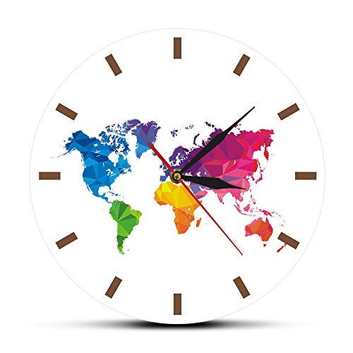 wffmx Único Colorido Mapa del Mundo Reloj De Pared Movimiento Silencioso Decoración Moderna Reloj De Pared Geométrico Arte De La Pared Inauguración De La Casa Viajero Gift_Wall Clock_  30X30Cm