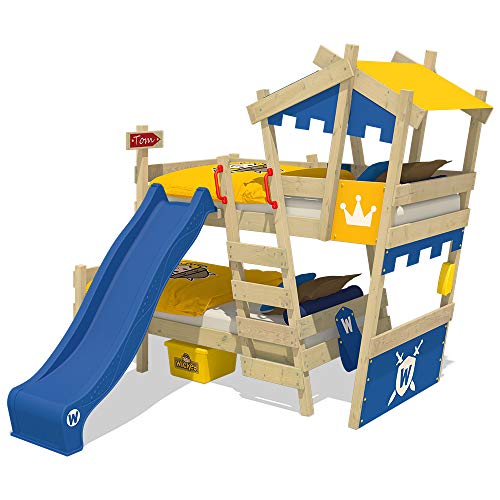 WICKEY Litera CrAzY Castle Cama infantil doble 90x200 Cama alta con tobogán, escalera, techo y somier, azul-amarillo + tobogán azul