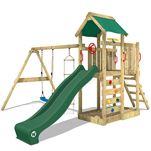 WICKEY Parque infantil de madera MultiFlyer con columpio y tobogán, Torre de escalada verde da exterior con arenero y escalera para niños