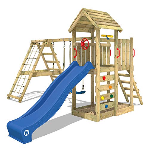 WICKEY Parque infantil de madera RocketFlyer con columpio y tobogán azul, Torre de escalada de exterior con arenero y escalera para niños