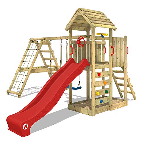WICKEY Parque infantil de madera RocketFlyer con columpio y tobogán rojo, Torre de escalada de exterior con arenero y escalera para niños