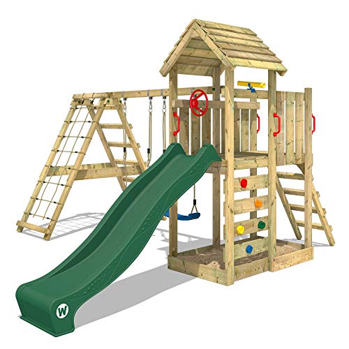 WICKEY Parque infantil de madera RocketFlyer con columpio y tobogán verde, Torre de escalada de exterior con arenero y escalera para niños