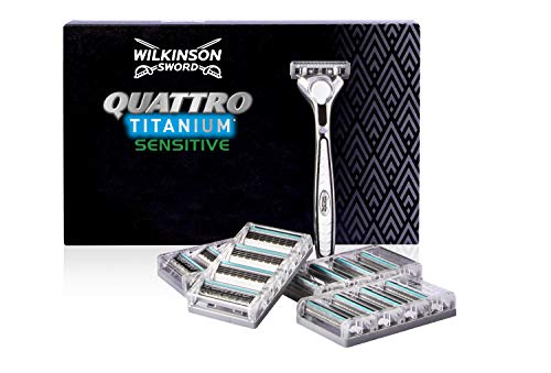 Wilkinson Sword Pack Ffp ECO box Quattro Titanium - Kit de maquinilla de afeitar de 4 hojas de Titanio para hombre + 17 recambios de cuchillas, afeitado manual masculino