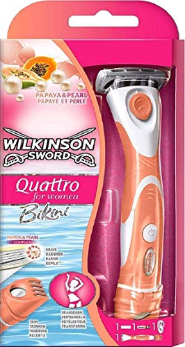 Wilkinson Sword Quattro For Women Bikini - Maquina femenina con cabezal de 4 hojas con banda lubricante y recortador eléctrico con tres regulaciones diferentes