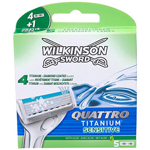 Wilkinson Sword Quattro Titanium - Cargador de 5 Recambios de Cuchillas de Afeitar para Hombre de 4 Hojas de Titanio, Afeitado Manual Masculino, Negro