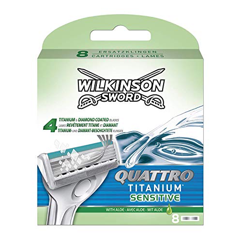 Wilkinson Sword Quattro Titanium - Cargador de 8 Recambios de Cuchillas de Afeitar para Hombre de 4 Hojas de Titanio, Afeitado Manual Masculino