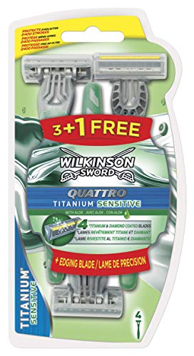 Wilkinson Sword Quattro Titanium Sensitive - Pack de 3 +1 Cuchillas de afeitar desechables para hombre con cuatro hojas de Titanio y banda lubricante Wilkinson Sword Quattro Titanium Sensitive - Pack de 3 +1 Cuchillas de afeitar desechables para hombre con cuatro hojas de Titanio y banda lubricante