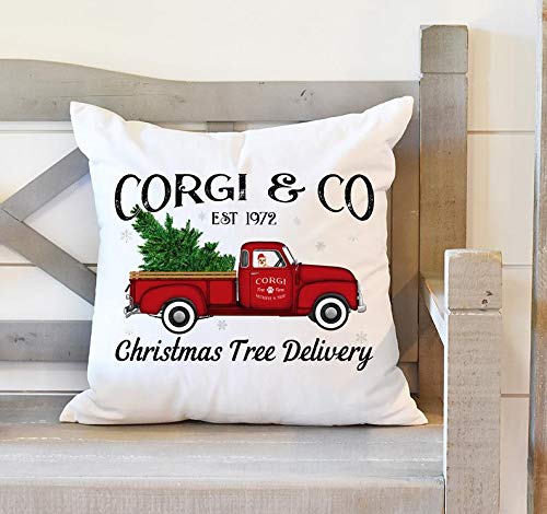 Wini2342ckey Almohada de Navidad, árbol de Navidad Corgi, regalo Corgi, decoración de camión rojo, decoración de Navidad, regalo de perro Corgi, regalo de cumpleaños de Navidad