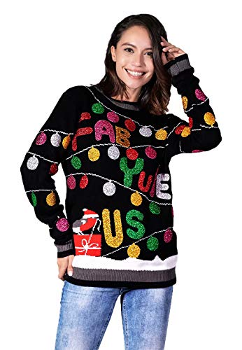 Women`s Ugly Christmas Sweater, Novelty Funny Xmas Jumper with Santa Reindeer Snowflake,Chunky Unisex Festive Knitted Pullover Long Sleeve Sweater for Party-Retro Glam it Up