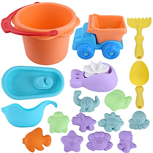 Wrei 13Pcs Cubo de Playa con Accesorios, Conjunto de Juguetes para la Playa Juguetes de Playa para Niños, Juguetes de Playa y Arena para Niños con Bucket Castle Moldes Material Plastico Multicolor