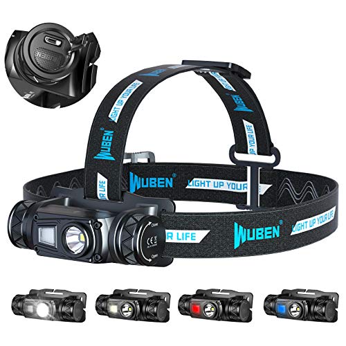 WUBEN H1 Linterna Frontal LED USB Recargable 1200 Lúmenes, Linterna Cabeza 10 Modos,Lampara cabeza alta Potencia IP68 Impermeable para Camping, Excursión, Pesca, Casco,Carrera