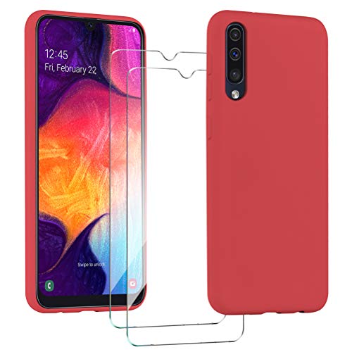 XinYue - Funda para Samsung Galaxy A50 / A30S + [2 Pack] Protector Pantalla, Carcasa de Silicona Líquida Gel Ultra Suave Funda con tapete de Microfibra Anti-Rasguño - Rojo