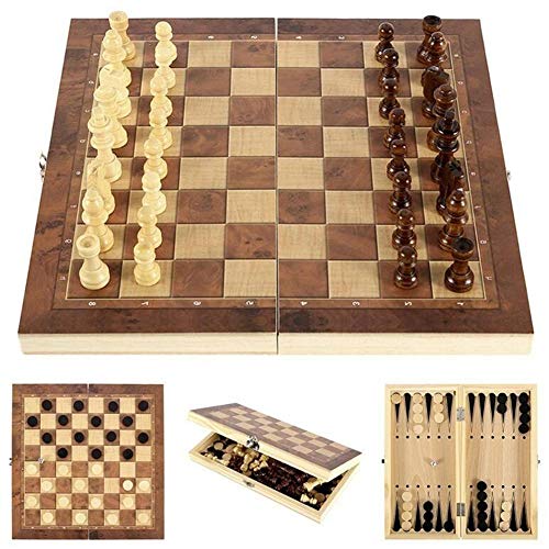 XIUWOUG Juego De ajedrez Madera Plegable Tablero ajedrez,Juego De ajedrez Y Borradores 3 En 1,Damas Backgammon, Juegos Internacional para Actividades Familiares Fiesta,Marrón,39X39CM