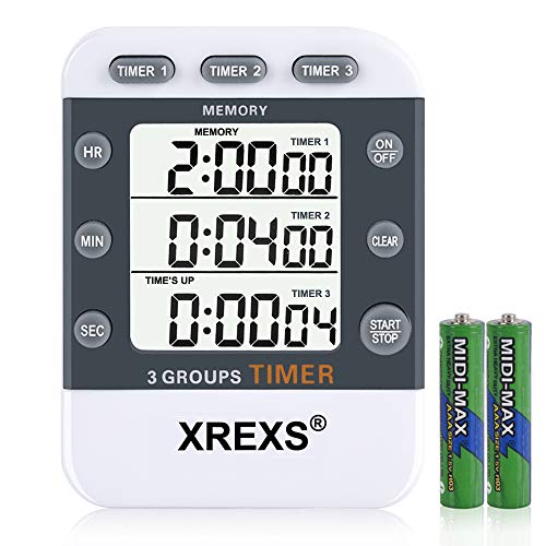 XREXS Temporizador de Cocina Digital 3 Canales, Gran Pantalla LCD Contar Arriba/Abajo, Cronometro Oposiciones Magnético para Fitness, Belleza, Aula, Reunión, Cocina(Baterias Incluidas)