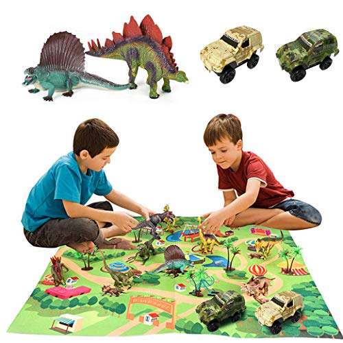 Yeelan Set de Figuras de Juguete de Dinosaurio con Tapete de Juego y Autos, Juego de Dragón Dino World Dragon con Tapete de Alfombra, Juguetes Educativos para Niños