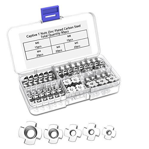 YoungRich 90pcs Tuercas en T de Cuatro Puntas Tuercas de Acero al Carbono Enchapadas en Zinc para Manitas Aficionados Muebles de Madera M3 M4 M5 M6 M8