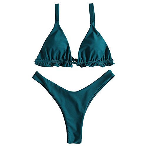 ZAFUL Mujer Sexy Volantes Bikini High Cut Tanga Traje de baño de dos piezas Azul pavo real S