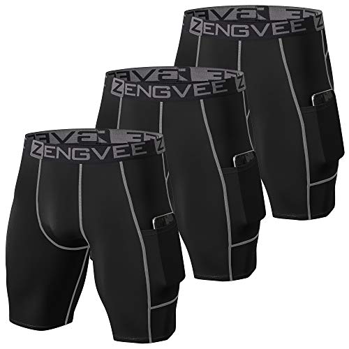 ZENGVEE 3 Piezas Mallas Cortas Hombre Running de Secado Rápido para Pantalones Cortos de Running para Hombre Deporte(Black-Grey-M