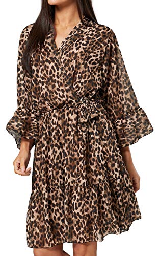 Zeta Ville Mujer Mini Vestido con Cuello en V y Estampado de Leopardo 1405 (Marrón Panthera, 38-40,) Zeta Ville Mujer Mini Vestido con Cuello en V y Estampado de Leopardo 1405 (Marrón Panthera, 38-40,)