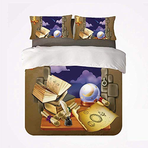 Zozun Juego de Funda nórdica Astrology Soft Juego de Cama de 3 Piezas, Ventana de Castillo Medieval Antiguo con pergamino de Nubes de Bola de Cristal Decorativo para Dormitorio