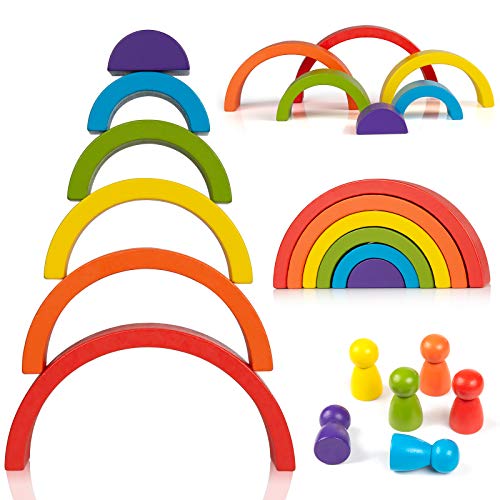 ZWOOS Bloques de Madera Arcoíris 6Pcs Arco Iris Madera y 6pcs Gente Pequeña Diseño de Arco Apilador de Arco Iris de Madera Geometría Bloques de Construcción para Niños Niño Niña