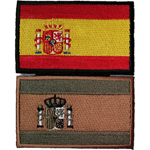 2 parches bordados con la bandera de España con velcro, color oficial y verde camuflaje, tácticos, militares, moteros, ropa, mochila táctica. 8 X 5cm