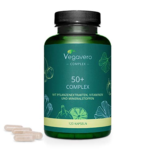 50 Plus Complex Vegavero® | Complemento Para Mujeres & Hombres Mayores de 50 Años | Natural & Sin Aditivos | Ajo Negro + Magnesio + B12 Vitamina + Ginkgo + Calcio + Acerola | 120 Cápsulas