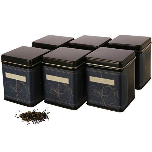 6 latas clásicas rectangulares, apilables, incluye 6 etiquetas, de metal, para cada una de 140 g de té suelto, 9,8 x 7,6 x 7,6 cm (alto, ancho, profundo) 6 latas clásicas rectangulares, apilables, incluye 6 etiquetas, de metal, para cada una de 140 g de té suelto, 9,8 x 7,6 x 7,6 cm (alto, ancho, profundo)