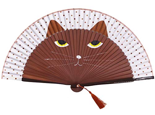 Abanico plegable de mano para mujer, diseño de gato (negro, marrón, amarillo) plegable de seda, apto para bodas, bailes de iglesia y fiestas Abanico plegable de mano para mujer, diseño de gato (negro, marrón, amarillo) plegable de seda, apto para bodas, bailes de iglesia y fiestas