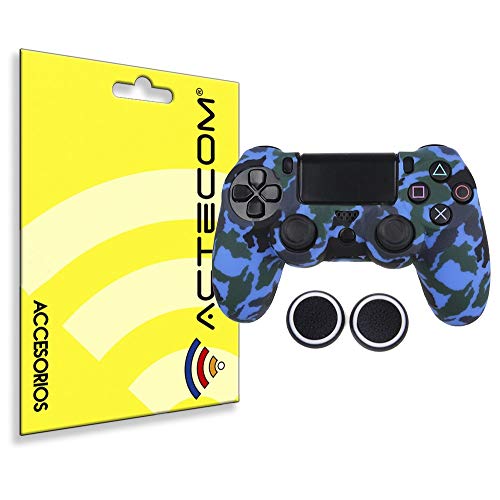 ACTECOM® Funda Carcasa + Grip Silicona Camuflaje Mando Sony PS4 Playstation 4 Camuflaje Azul